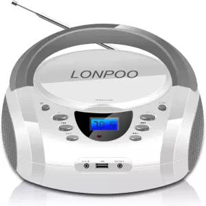 LONPOO CD 플레이어 휴대용 붐박스 FM 라디오/USB/블루투스/AUX 입력 및 이어폰 잭 출력 스테레오 사운드