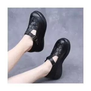 야무치 여자 데일리룩 신발 스트랩 샌들 여름 빈티지 진피 통굽 작은 구두 메쉬 가보시 KUK5