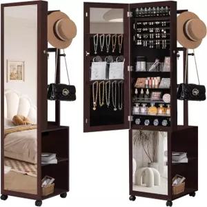 주아네리 8 LED 주얼리 캐비닛 아모아르 의류 선반이 있는 66.9인치 정리함 4개의 바퀴가 잠금식 전신 거울