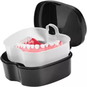 KISEER 블랙 틀니 배스 케이스 컵 홀더 보관 여행 청소용 스트레이너 바구니 포함 소쿠리 용기