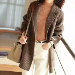 하프기장 하운드투스 트위드 트렌치 코트 캐주얼 체크 오버핏 여성 [mD03AEB]