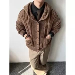 가을 빈티지 남자 니트 커플 단추 후드 카디건 꽈배기 OP3