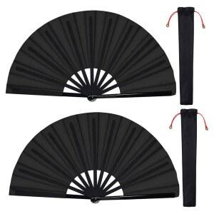 2팩 대형 접이식 손 선풍기 휴대용 중국 태극 나일론 천 쿵푸 남녀 공연 댄스 장식 페스티벌 (블랙)