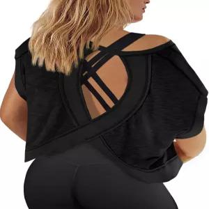 피소우 여성 스 사이즈 오픈 백 운동 상의 백리스 반팔 셔츠 러닝 크롭 탑 짐 요가 티셔츠