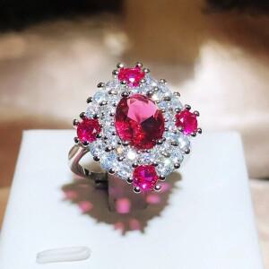 빈티지 주얼리 롱 링 루비 로즈 레드 펜던트 링  크리스탈  925 스털링 실버 여자 친구에게 결혼 선물