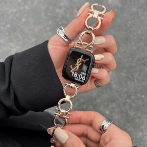 apple 호환 Watch 시리즈 용 금속 체인 스트랩 9 8 7 6 SE 5 3 45/44/42/41mm 패션 라운드 루프 팔찌 Ultra