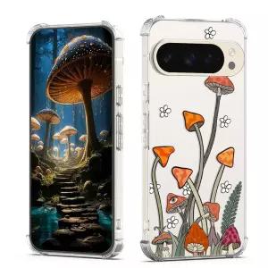 XIMIZU 구글 픽셀 10 프로 케이스 버섯 꽃 꽃, 독특한 자연 디자인 투명 폰 케이스 소녀 청소년 부드러운