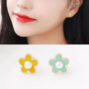 귓볼피어싱 진주 컬러 플라워 기본 골드 금 피어싱 14K