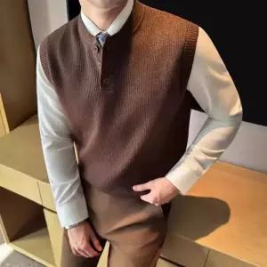 엘럽남성 니트 봄 조끼 민소매 헨리넥 루즈핏 나시 올드머니 원템1