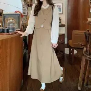 홀복 투피스st 롱원피스 물결 지다인 프릴넥 뒷리본 스트링