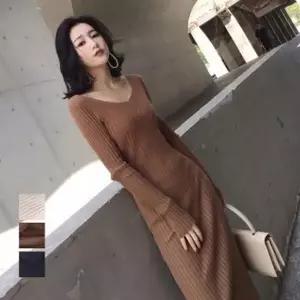 [하프클럽/셀러허브_여성트랜드패션]겨울 슬림핏 골지 원피스 롱 브이넥 니