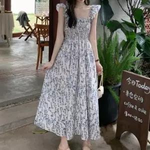 여름롱원피스 스모크밴딩 패턴 롱 원피스 넥 프릴 플레어 스커트