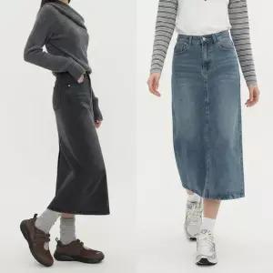 비욘드라이프 뒷트임 워싱 스판데님 롱 스커트 1006699