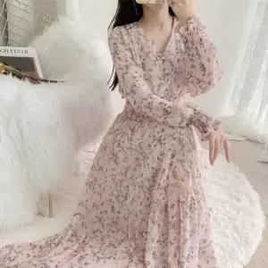 메이 블라썸 스모크 롱 원피스 봄 여름 가을 치마 슬림핏 원피스 퍼프 반팔