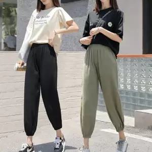 빅사이즈 일자 여자바지 면 허리밴딩 면바지 캐쥬얼