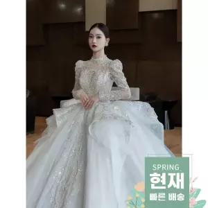 긴팔 웨딩드레스 벨라인 파티 연주회 화이트 촬영 셀프 세트