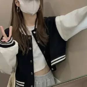 여성 데일리 크롭 배색 바시티 야구 점퍼 자켓 블루종