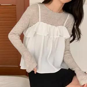 [다잇템] 여자 귀여운 봄데이트룩 에이라인 프릴 캐미 블라우스