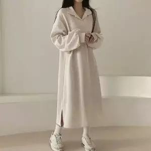 여성 겨울 루즈핏 카라 긴팔 기모안감 롱 원피스 3색