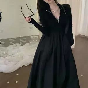 여성 A라인 플레어 니트 롱 원피스 반집업 긴팔 일체형