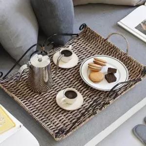 식탁인테리어 철제 라탄 트레이 손잡이 라탄쟁반 홈파티 식탁장식