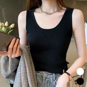 여성 골지 나시티 데일리 이너웨어 레이어드 슬리브리스 탑