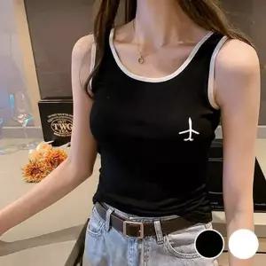 여성 배색 티셔츠 라운드넥 레이어드 이너 나시탑 슬리브리스