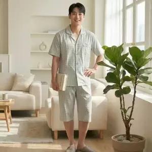 남성 체크 카라 반팔 5부바지 파자마 상