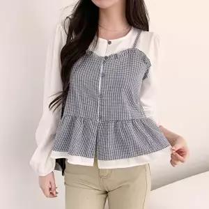 [옷자락]여성 폴리 체크 페플럼 뷔스티에 레이어드 셔츠