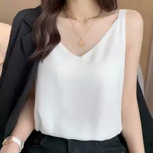 여자 루즈핏 실키 브이넥 민소매 슬리브리스 블라우스