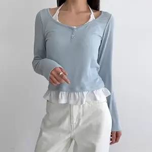 [옷자락]여자 홀터넥 레이스 프릴 일체형 버튼 골지긴팔 티셔츠