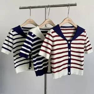 마린 스트라이프 세일러 여름 반팔 니트 가디건 HH E86