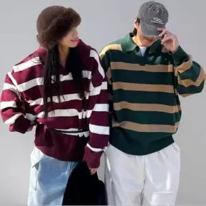 [옷자락]남녀 커플 니트 오픈카라 스트라이프 오버사이즈 겨울 티셔츠