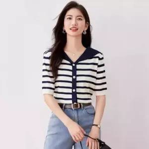 마린룩 스트라이프 여성 여름니트 반팔 세일러 가디건