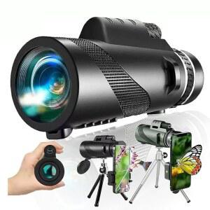 성인 및 어린이용 고전력 단안 망원경 80x100 단안, 조류 관찰, 하이킹 콘서트 투어용, 휴대폰 클립 스탠드(블랙) 포함