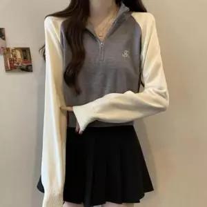 [옷은날개] 뜨개탑 포인트컬러 투컬러베이직 크롭핏 일상템 롱셔츠 지퍼업