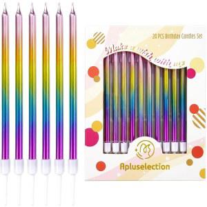 케이크용 24카운트 그라디언트 컬러풀 생일 양초, 길고 얇은 케이크 레인보우 메탈릭 컵케이크 장식용 APLUSECTION