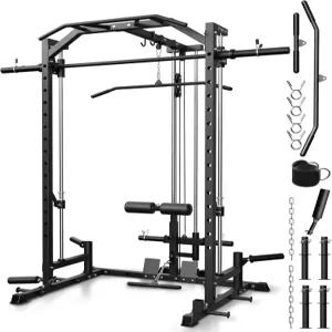 미콜로 스미스 머신 홈 짐 파워 케이지(1 1 비율 강도 트레이너)(공간 절약 설계)(8개의 무료 부착물 포함)