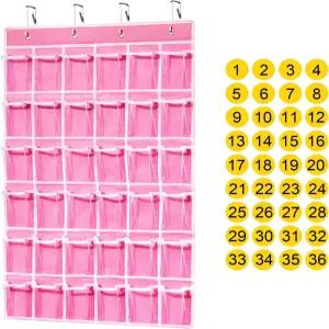 ANSTROUT 36 휴대폰용 클리어 포켓 교실 차트 계산기 홀더용 정리함 숫자 스티커가 있는 걸이 핑크색