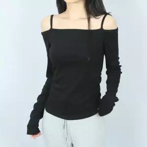 3색 셔링 끈 오프숄더 슬림 긴팔 크롭티 )
