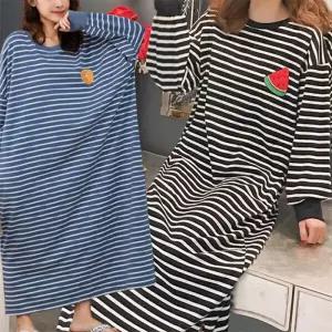 [로즈엘리]4컬러 꿀잠 오버핏 스트라이프 홈웨어 원피스 긴팔잠옷 2026