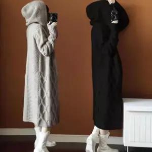 롱가디건여성 여성 캐주얼 디자인 꽈배기 패턴 롱 후드 가디건