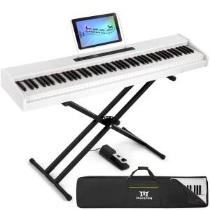 스탠드가 있는 무스타 디지털 피아노 88 키, 키 세미 웨이트 키보드 MEP-1000, 블루투스 연결이 가능한 휴대용 전기 케이스, 서스테인 페달, MDF, 화이트