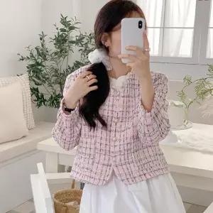 [옷자락]여자 벚꽃룩 봄하객 진주버튼 트위드 분홍색 자켓