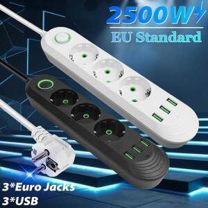 2500W USB EU 잭 2m 케이블 전원 소켓 3/4/5구 멀티탭 연장 코드 포함 AC 콘센트 전기 충전 어댑터