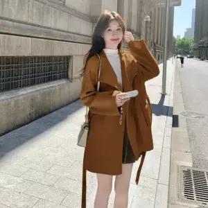 여자 베이지 울 데일룩 코트 모피 더블 겨 슬림핏 DAOL4