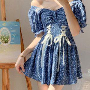 블루 플로럴 셔링 레이스 리본 포인트 원피스 모노키니