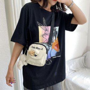 여성 캔버스 귀여운 캐릭터 곰인형 키링포함 미니 크로스백 데이트룩