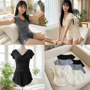 보들모달링클잠옷 반팔 반바지 세트 홈웨어 캡내장