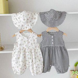 여름 신생아 아기 여아 모자 꽃무늬 우주복 민소매